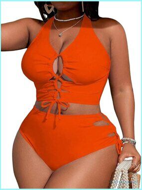Plus Size Lace Up High Waist Tummy Control Bikini Set